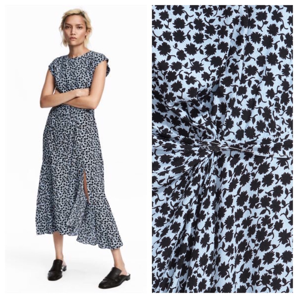 H&M TREND MIDI Dress with Slit Blue Flower